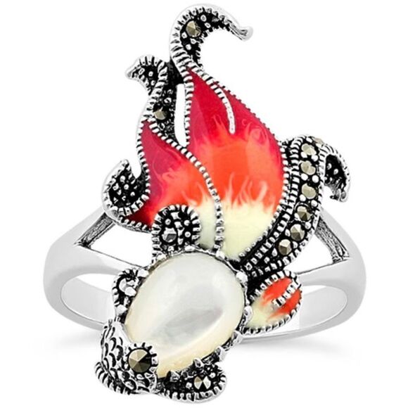 Sterling Silver Mother of Pearl Enamel Ghost Fish Marcasite Ring New - Picture 2 of 4